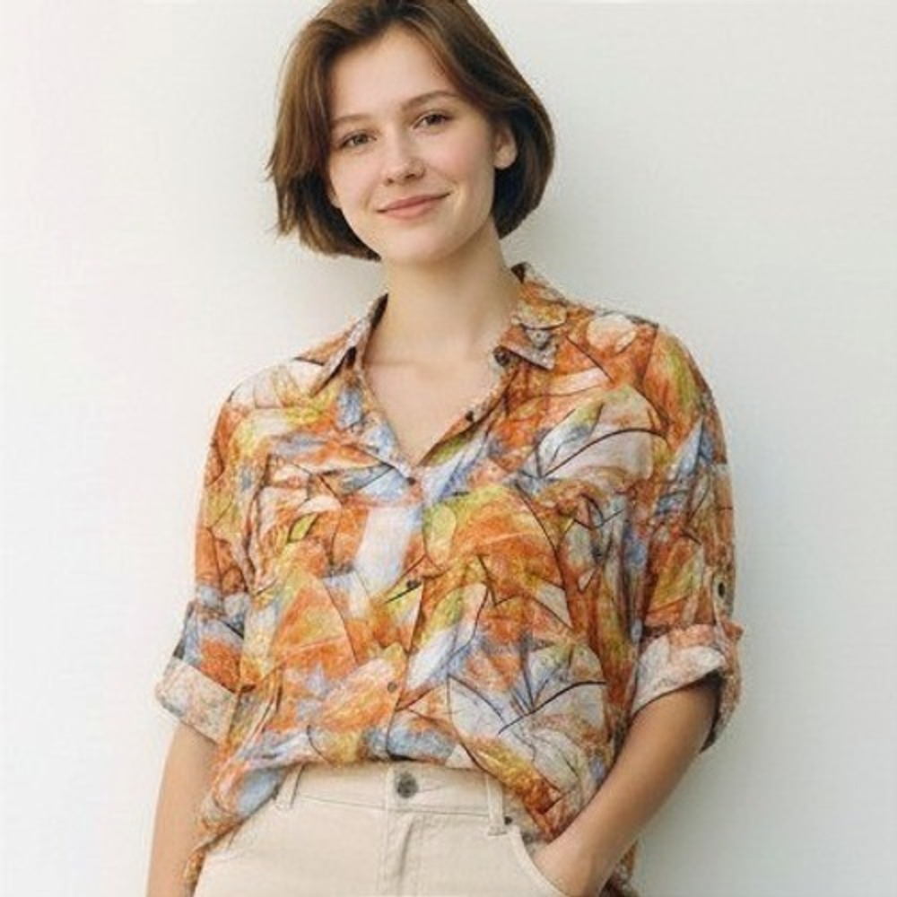 Studio Badgley‎ Mischka Womens Abstract Print Button Down Short Sleeve Blouse 8